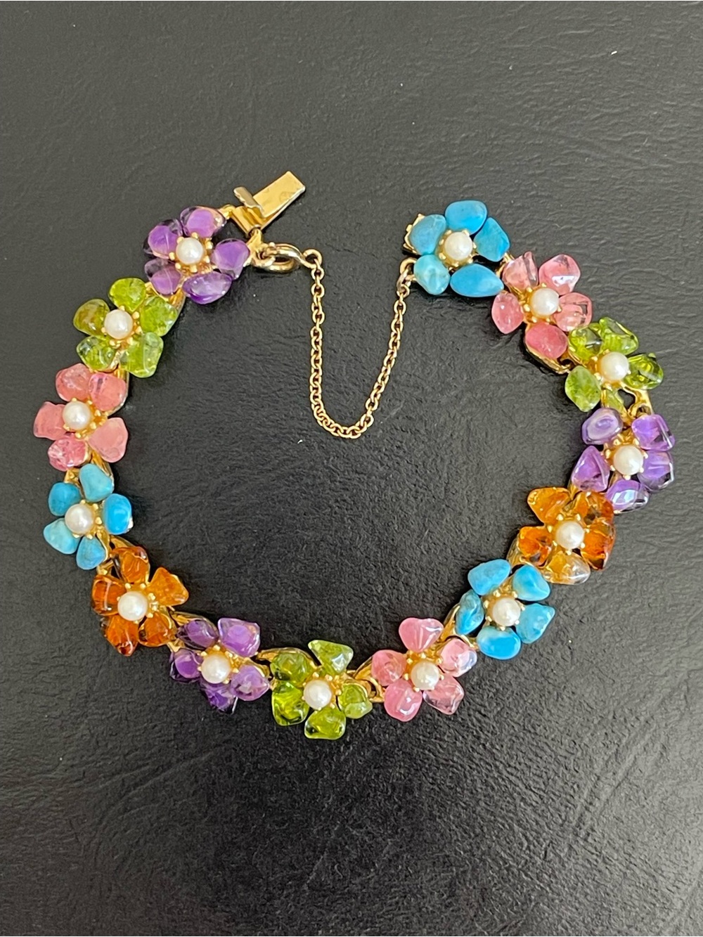 Vintage Swoboda genuine Multicolor gemstone Floral Pearl Accent Bracelet.